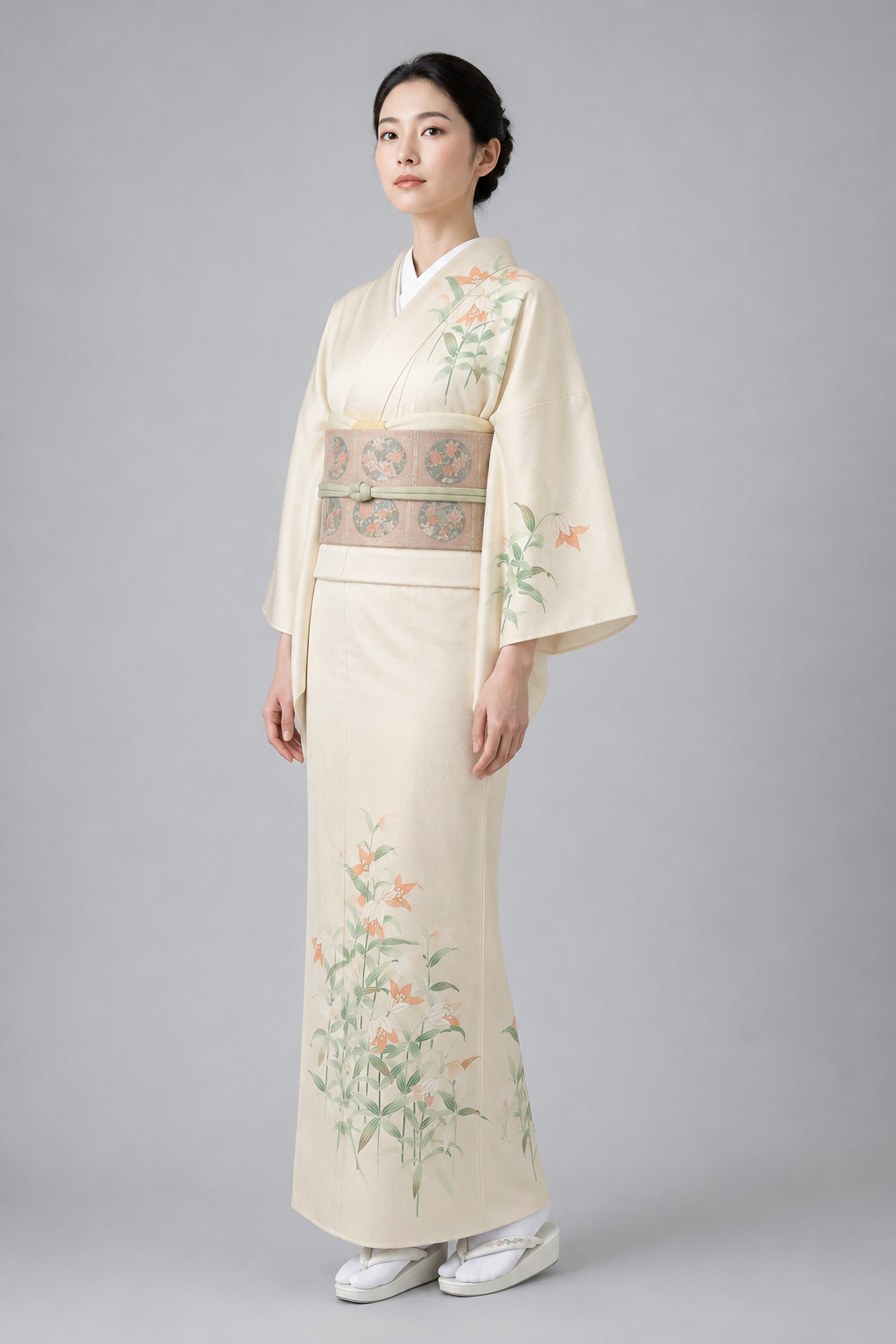 正絹手描き友禅附下げ着物（百合の花柄） 袷仕立て — KomonKimono｜Heritage Collection